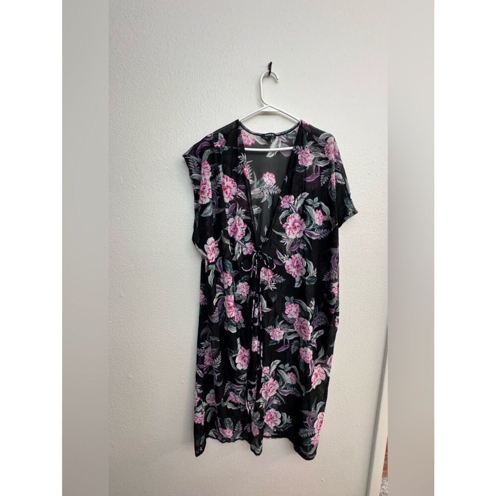 torrid Black Floral Swim Coverup with Pink and Lavender Blooms - Size 3/4